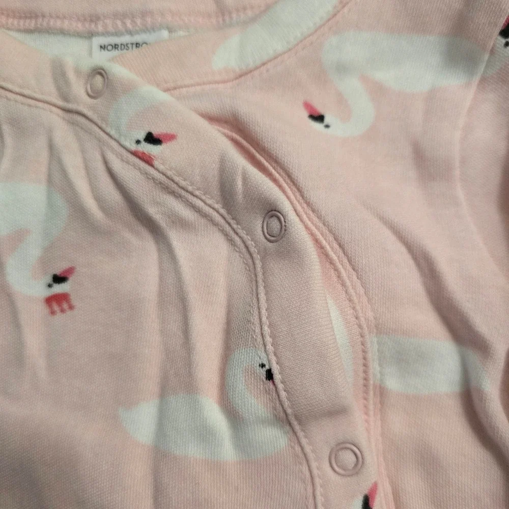 Nordstrom Baby Pink Swan Print Footed Sleeper Snap Up Romper 6 Months